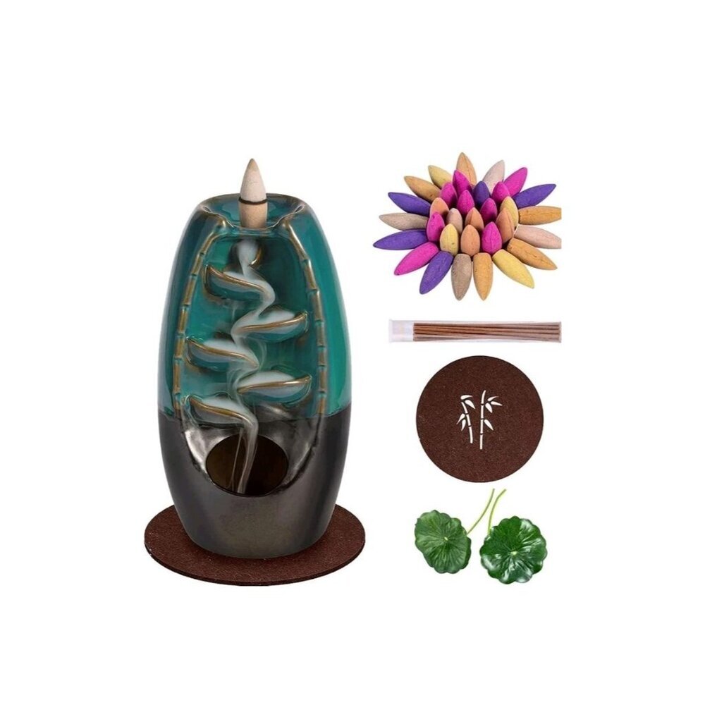 Waterfall Incense‎ Holder Backflow Inscent Cone Burner Handcraft Ceramic Blue